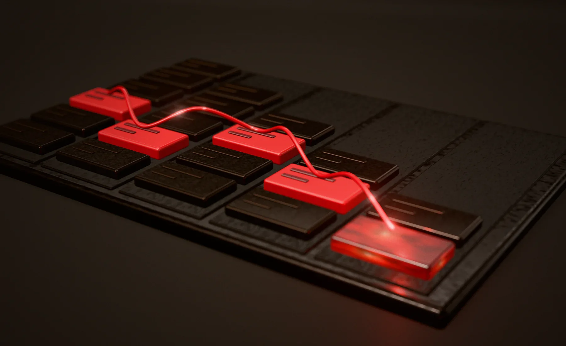 The CRM as a cast sculpture: a pipeline board of records in five stages, one case glazed crimson in every stage and stitched by a crimson thread to sign-off, where it is still molten.